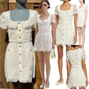 🆕 SELF-PORTRAIT 🧿 NWT Cream Guipure Lace Belted Mini Dress, Sz UK 12 US 8